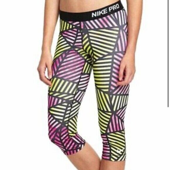Nike Dri-Fit Pro Web Fade Training Capri Leggings Pink Yellow Medium 658365-612 - Picture 1 of 8